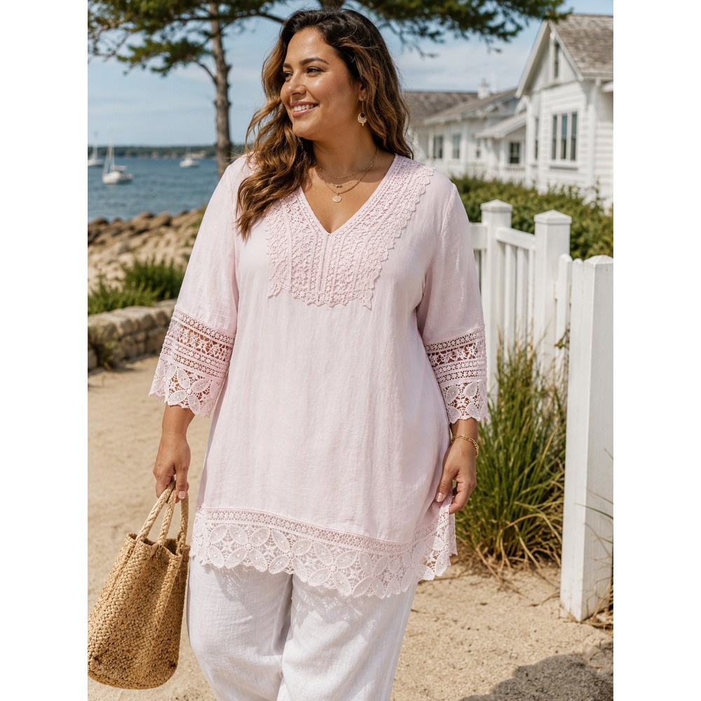 Saint Tropez West Blush Pink Linen Blend Lace Tunic Top 2X Boho Coastal Grandma